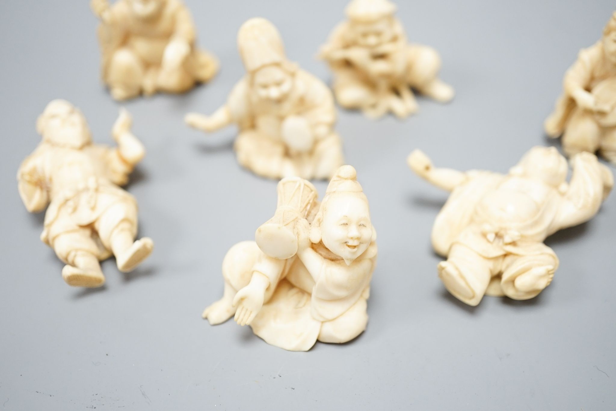 A set of seven Japanese ivory okimono of the seven gods of Happiness, Meiji period, unsigned, tallest 4cm